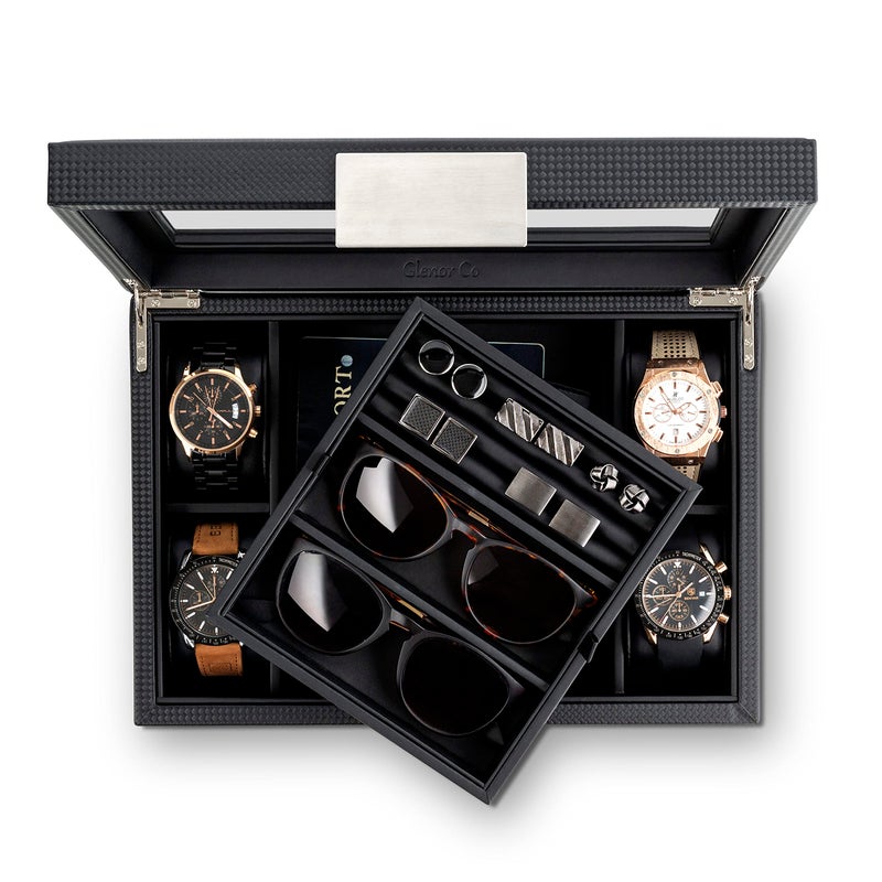 Glenor Co Valet Jewelry Box for Men - Holds 6 Watches, 12 cufflinks, 2 Sunglasses & Tray Storage - Mens Watch Case - CarbonFiber Organizer w Metal Accents, PU Leather & Large Glass Lid - Black - Image 2